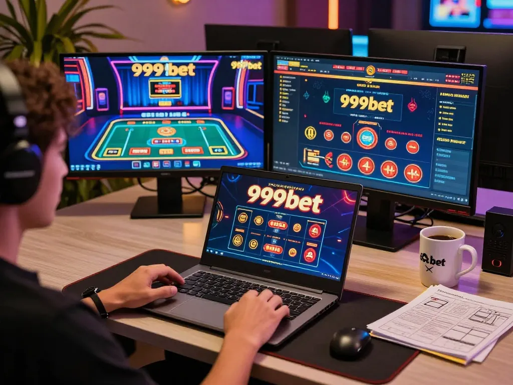 Engaged player enjoying 999bet online casino gaming on a sleek laptop.