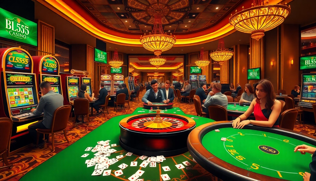 Action-packed casino scene featuring BL555 branding, depicting excited gamblers at slot machines and poker tables.