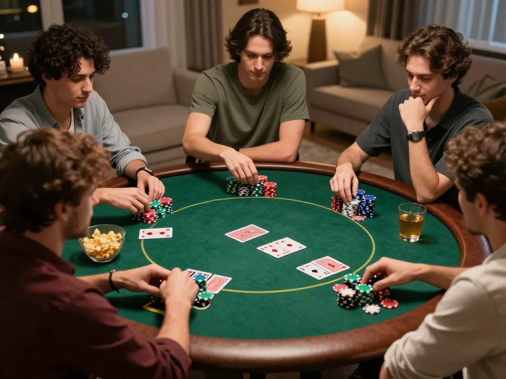 Usbet players enjoy a thrilling home poker night, balancing strategy and fun in a cozy atmosphere.