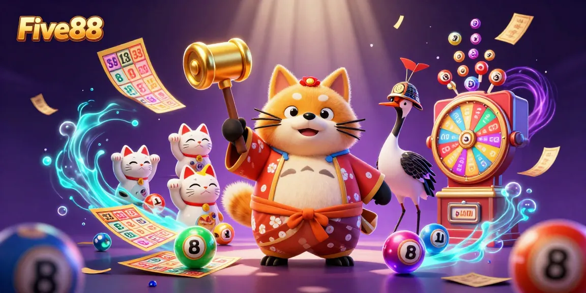 Celebrate your wins with Five88's vibrant 3D illustration of a cheerful tanuki and lucky symbols.