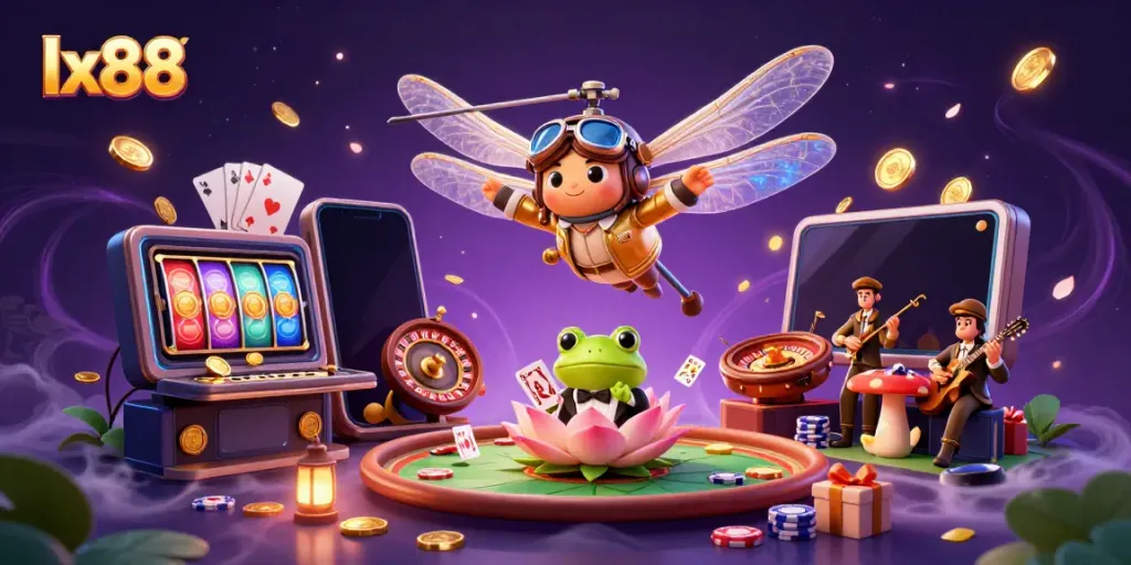 Experience the excitement of lx88 with a lively 3D casino scene featuring a helicopter pilot and a frog croupier