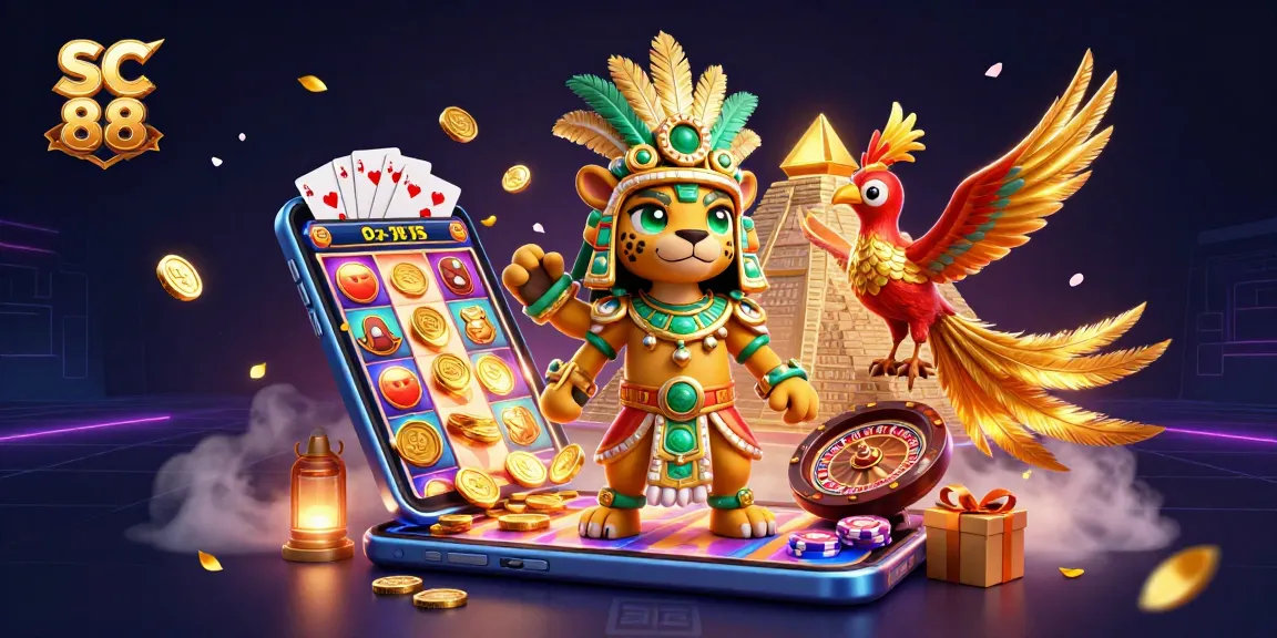 Spin to win with SC 88 in this vibrant casino-themed illustration, featuring a Mayan jaguar priest.