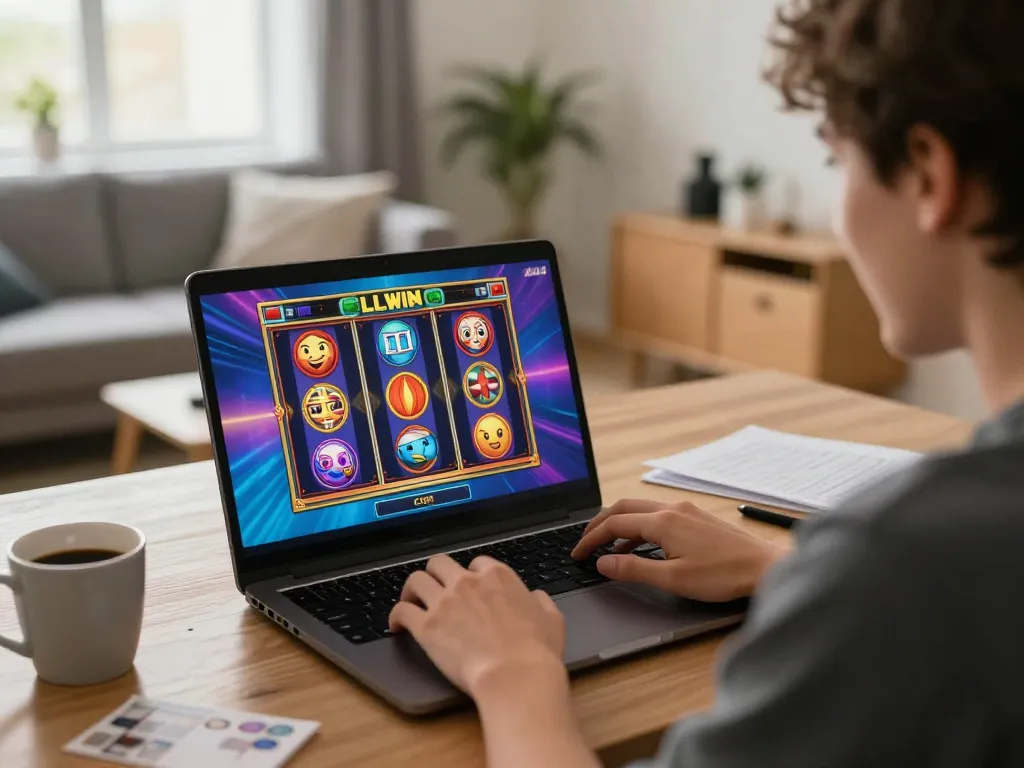 Engaged player spins reels on LLWIN COM laptop, highlighting online casino fun and strategy.