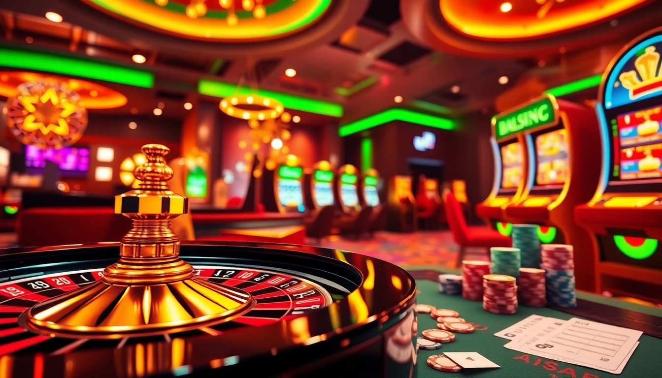Experience the excitement of online gaming at https://bem88v.com/ with an engaging casino scene featuring roulette and poker elements.