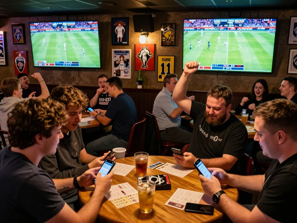 Engaging atmosphere of fans placing keo nha cai bets at a lively sports bar with cheering crowds
