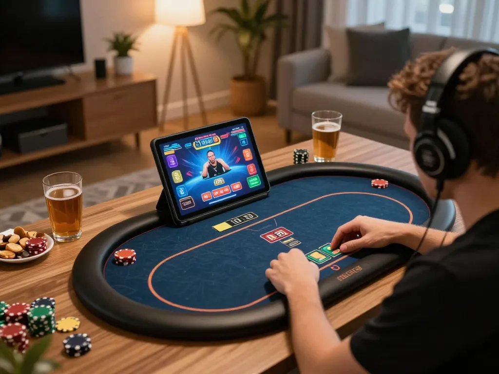 Engaged player enjoying online poker at 789club on a tablet in a cozy home setting.