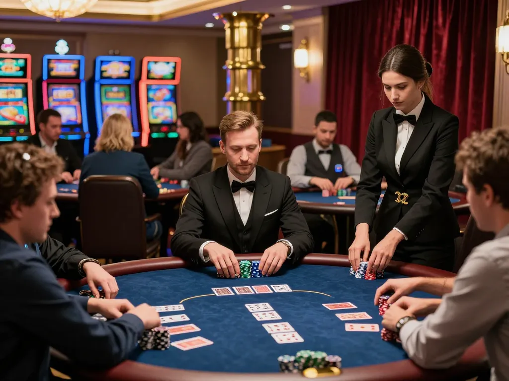 Players at cm88a engaged in an intense poker game amidst luxurious casino ambiance.