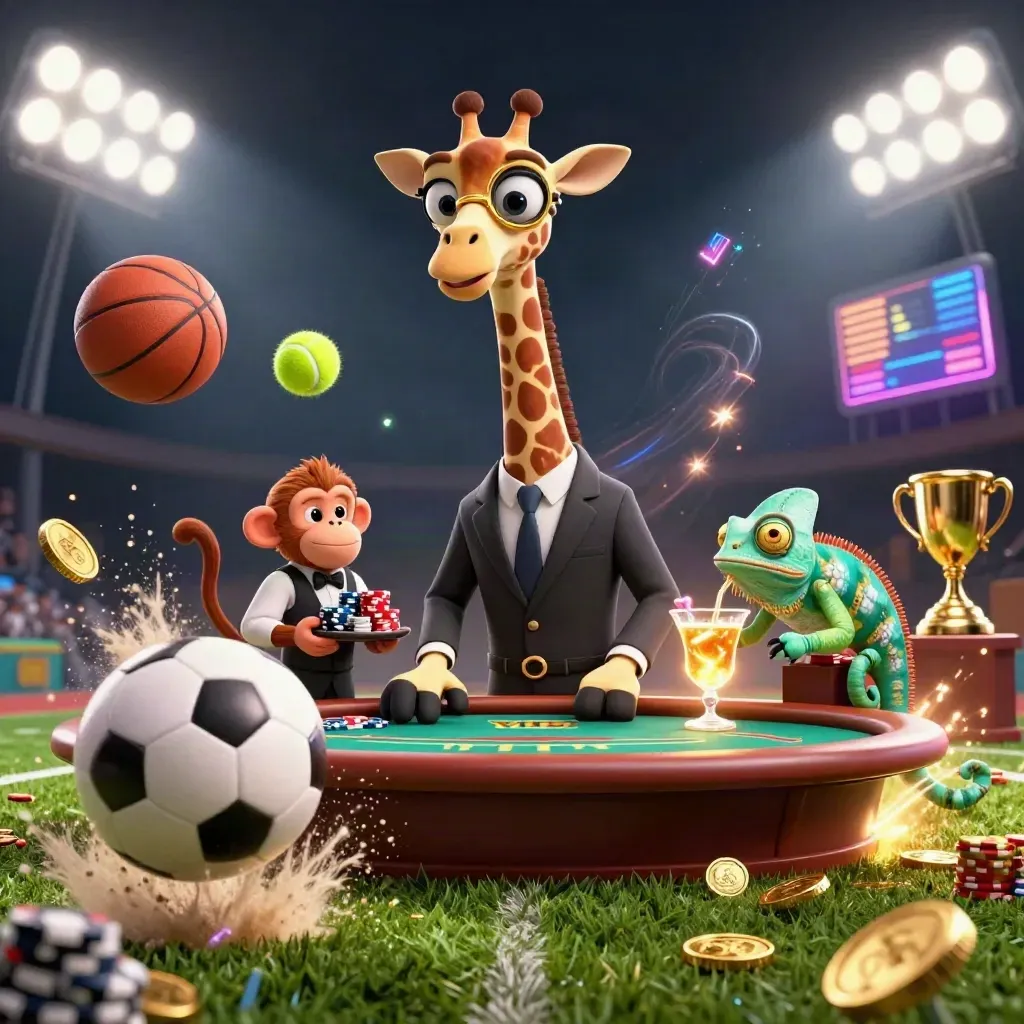 Luxe giraffe, monkey and chameleon amid flying sports balls and floodlights on a casino-style pitch.