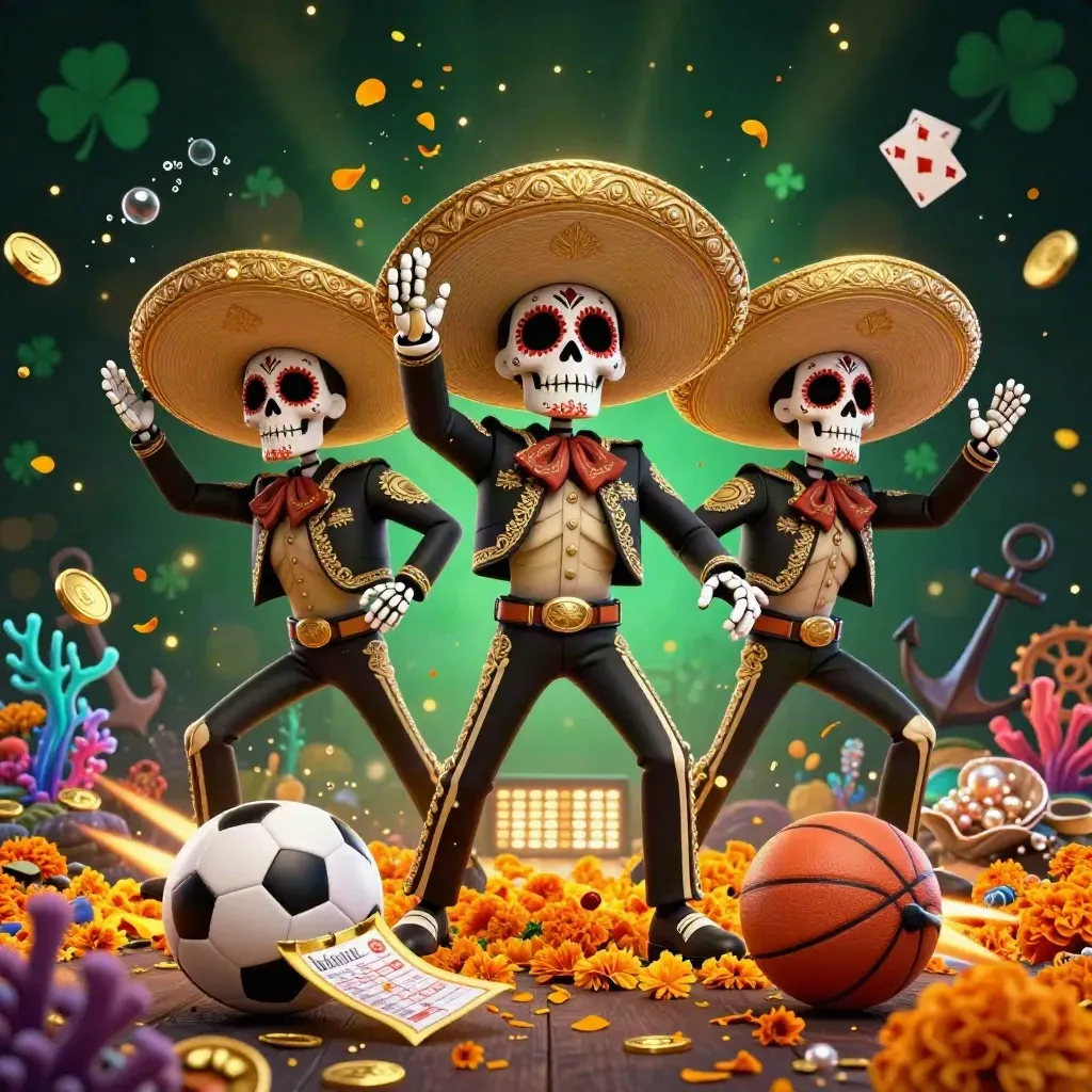 Day-of-the-Dead skeleton mariachi trio in a luxe casino splash with sports and treasure symbols.