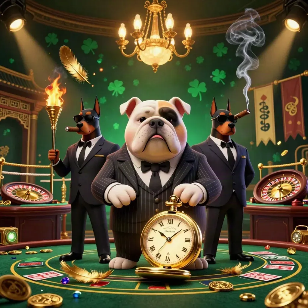Bulldog casino boss with two Dobermans amid gold, firelight, cards, and a roulette spin