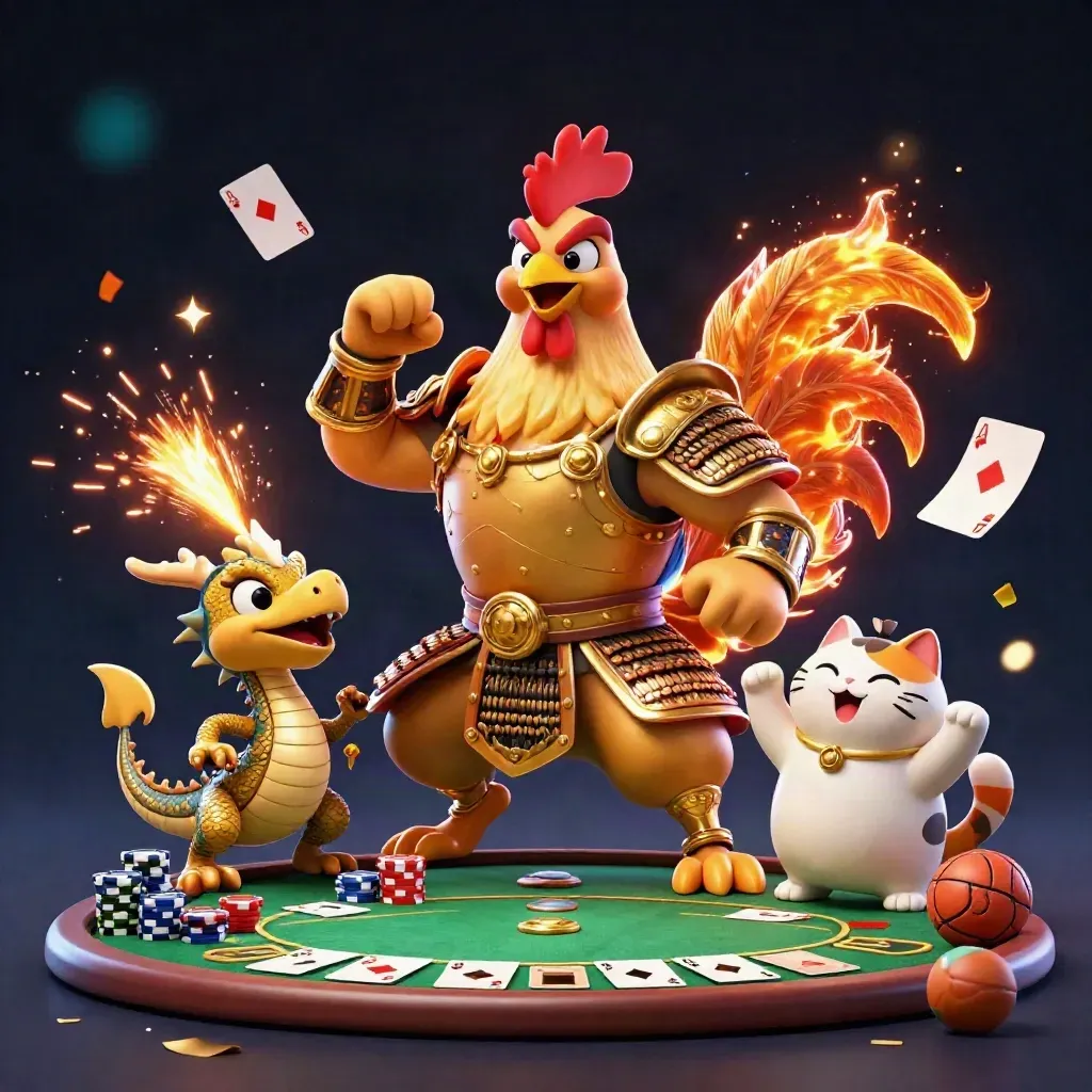 Fantasy rooster, dragon hatchling and fortune cat amid casino props and sports gear.