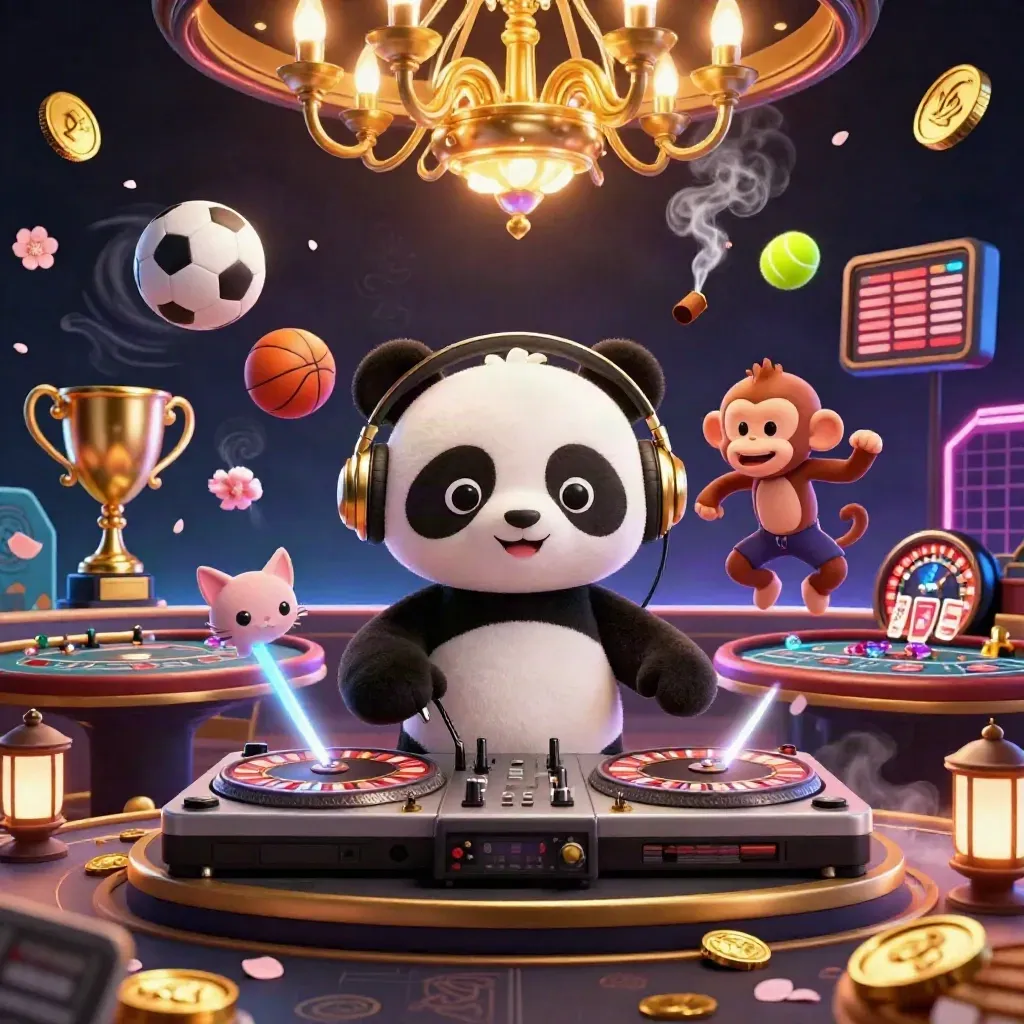 DJ panda, breakdancing monkey and glow-stick kitten in a luxe casino lounge with flying sports balls.
