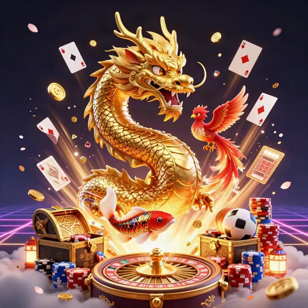 Golden dragon with phoenix and koi amid casino chips, coins, sports balls, and neon indigo light.