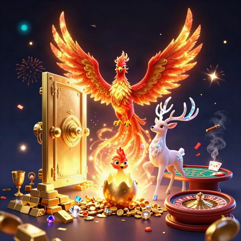 Phoenix, stag, and treasure vault bursting with gold in a luxe casino scene.