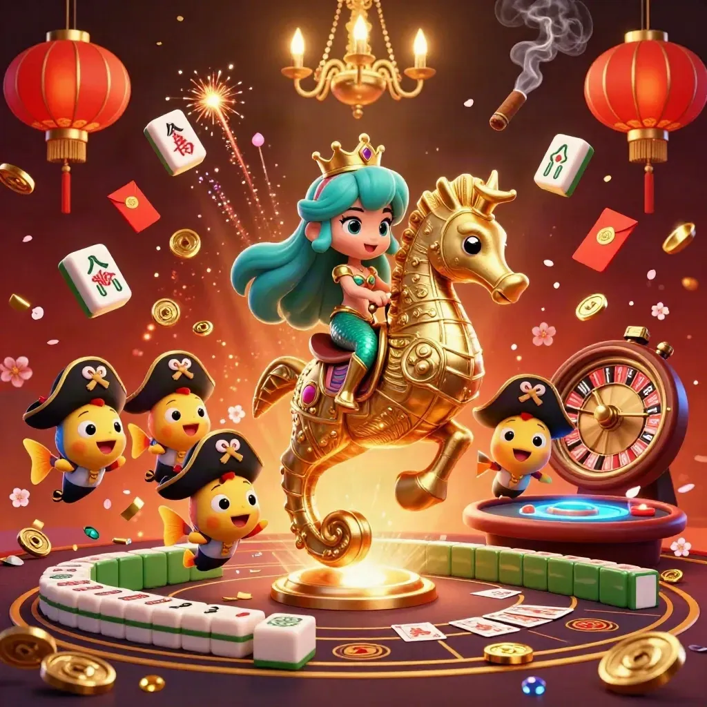 Mermaid princess on a gold-armoured seahorse, fish pirates, casino props, ember-lit luxury scene.