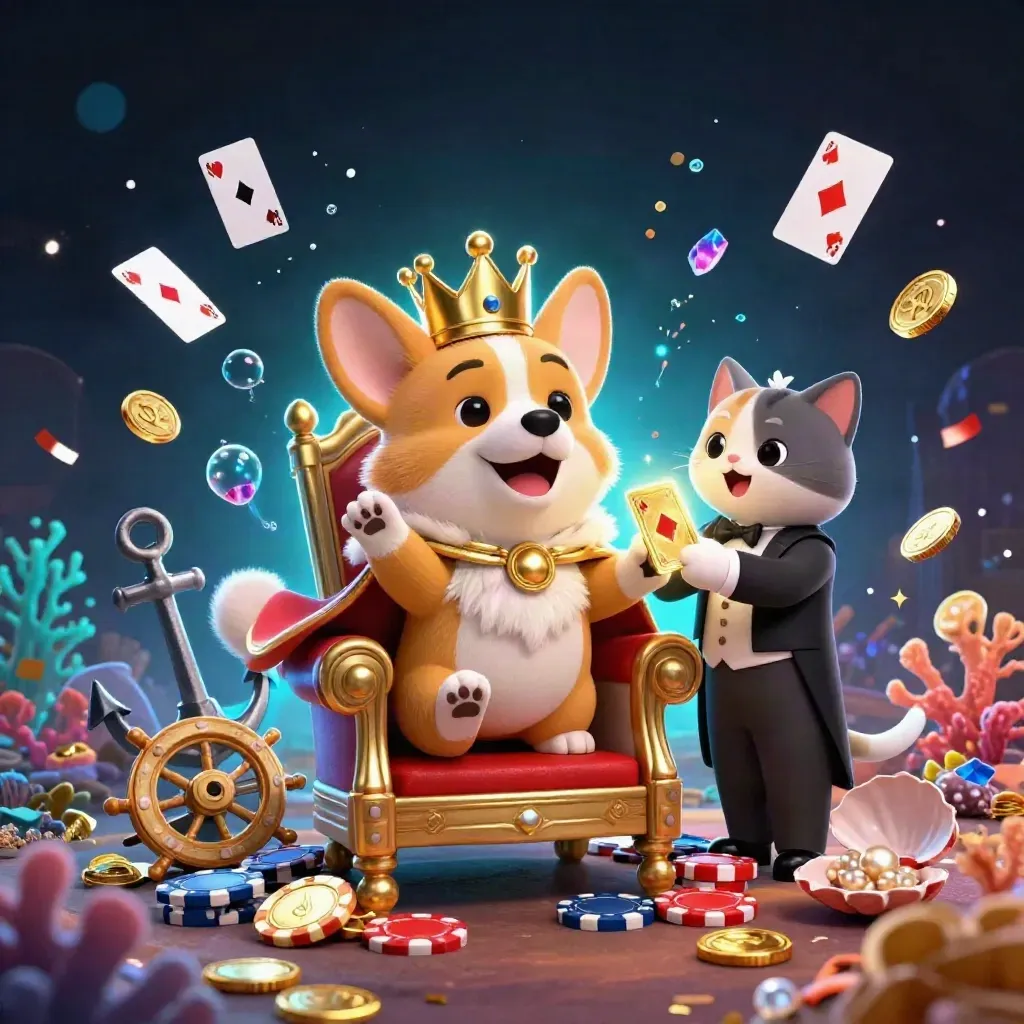 Royal corgi and cat butler in a glowing treasure cove with coins, coral, bubbles, and cyan magic.