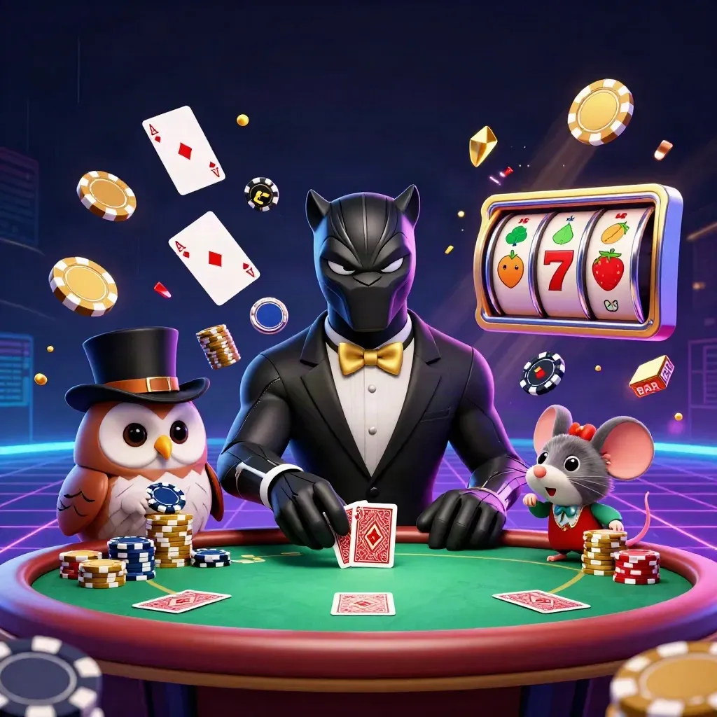 Panther, owl, and mouse in luxe casino key art with chips, cards, and neon glow.