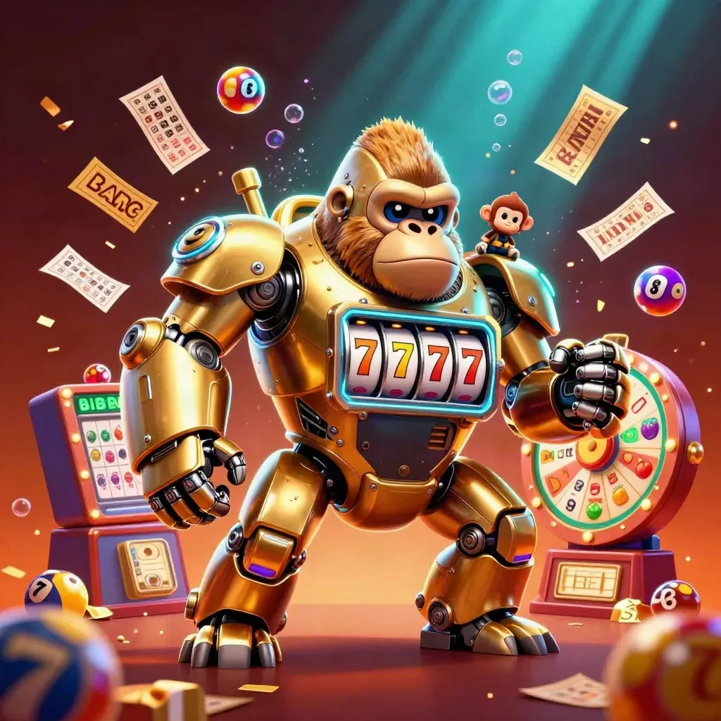 Golden gorilla mech with tiny monkey pilot amid jackpots, lottery balls, and neon casino energy.
