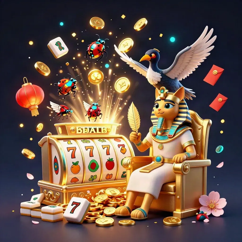 Pharaoh cat, ibis scribe and gem-winged scarabs amid coins, fireworks and casino symbols