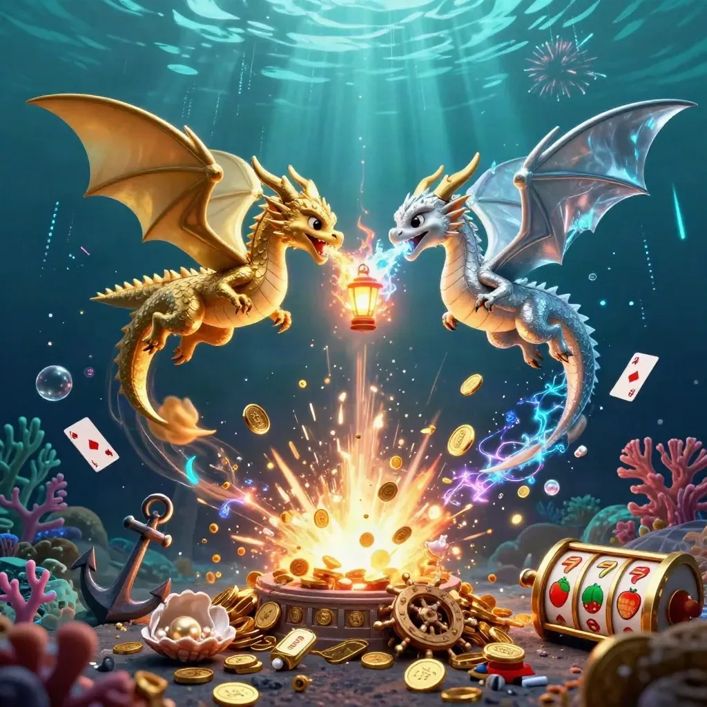 Twin dragons spiral underwater amid coins, reels, coral, treasure, and neon energy in luxe casino style.