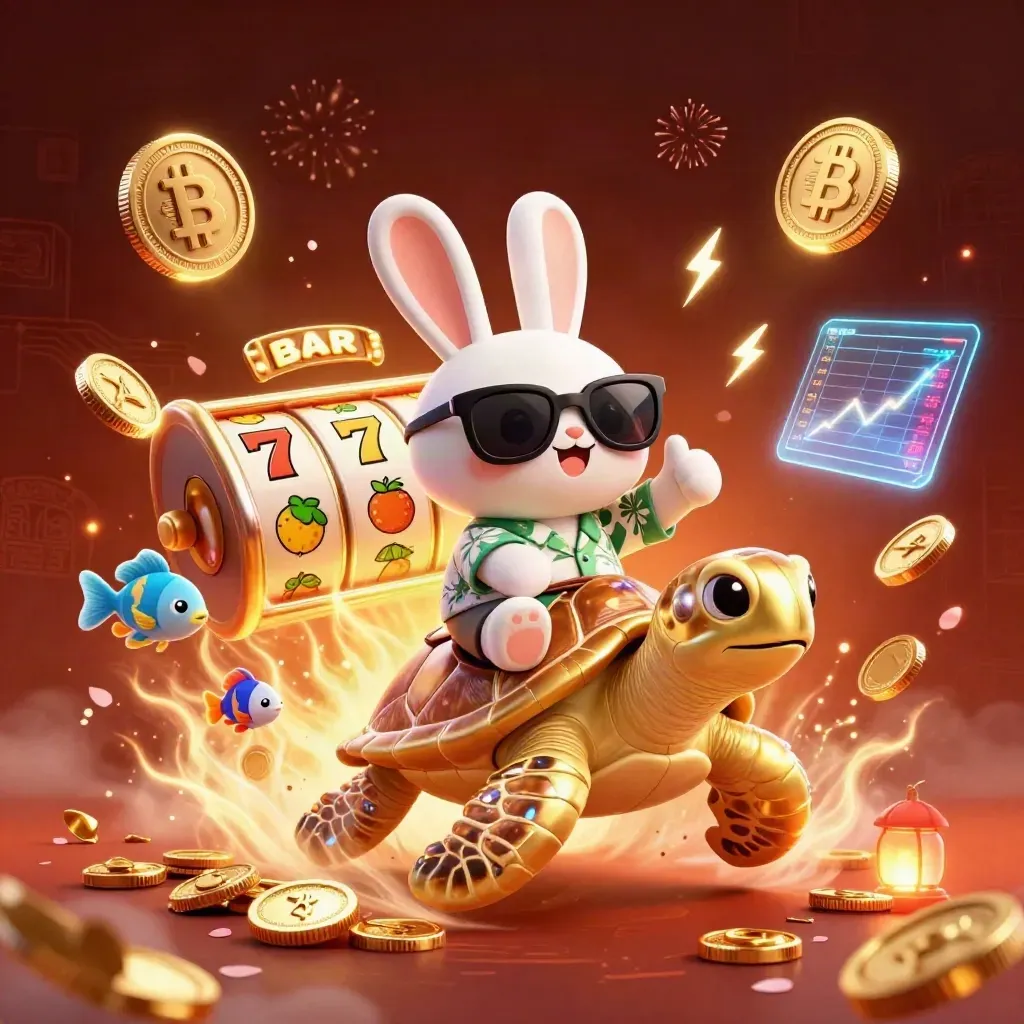 Rabbit in shades rides a jeweled sea turtle through a treasure burst and casino sparks.