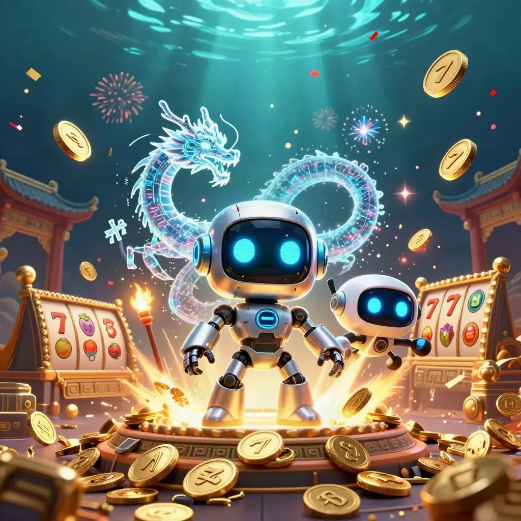 Cyberpunk robot, holographic dragon and coin drone amid gold coins, fireworks and temple gates.