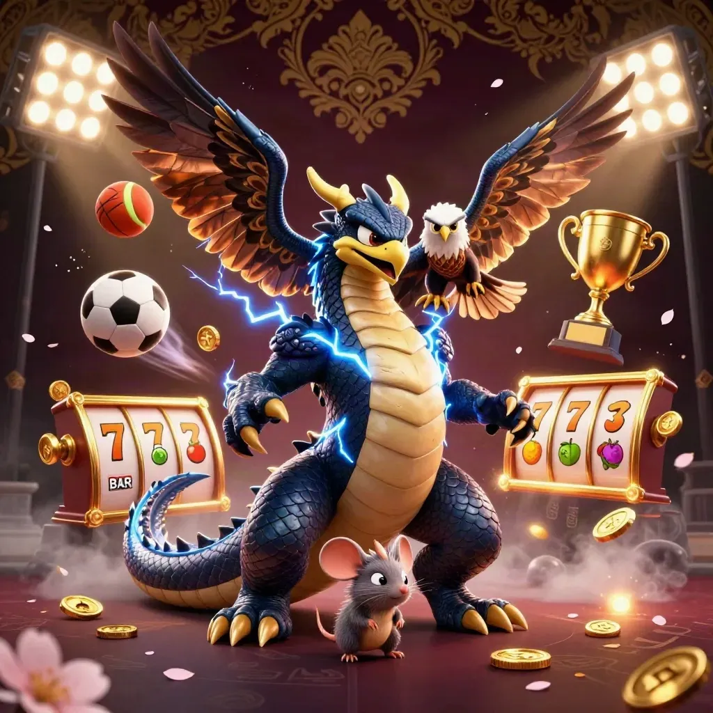 Thunder dragon, wind hawk and static mouse amid casino reels, coins and gold-lit dark luxury background