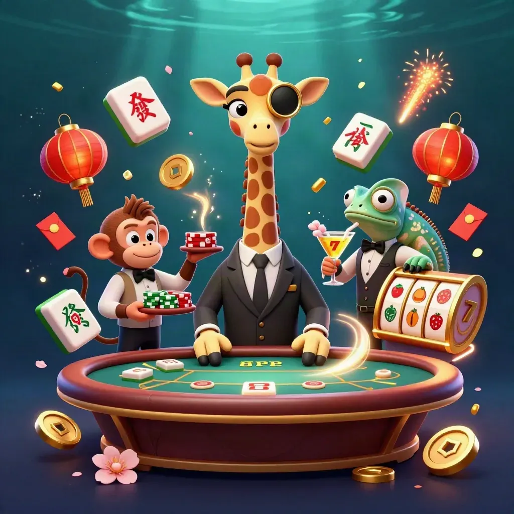 Giraffe high-roller, monkey valet and chameleon bartender amid casino magic