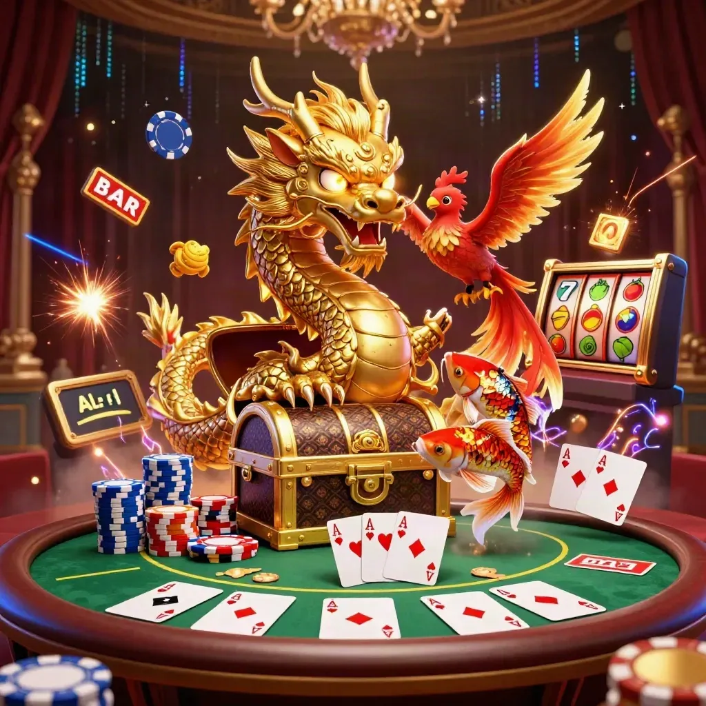 Luxe dragon, phoenix, koi, chips and slot symbols on a dark gold casino backdrop