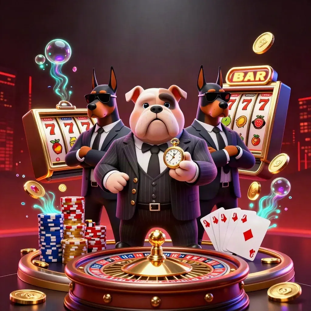 Bulldog casino boss with two Dobermans amid coins, roulette wheel, chips, and glowing slot symbols.