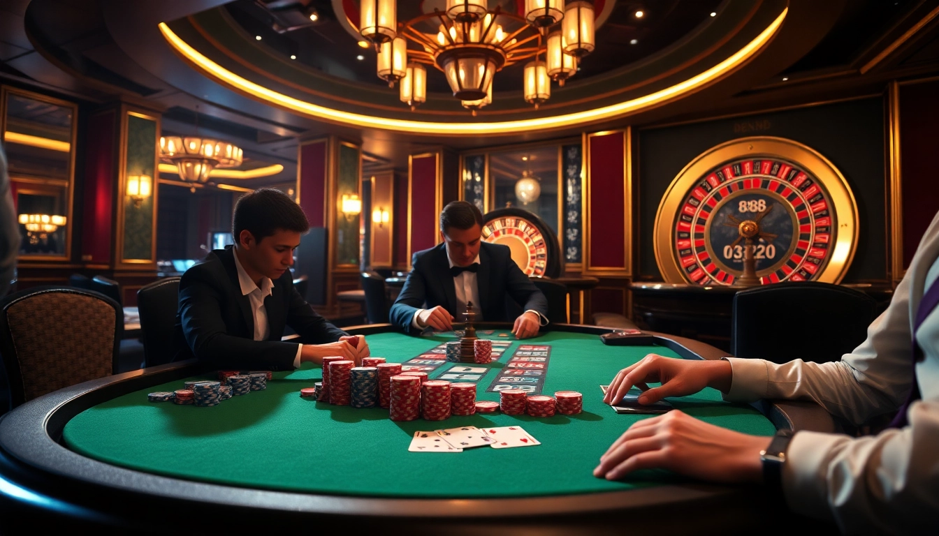 Players strategizing at a poker table while enjoying the vibrant atmosphere of 888b casino.