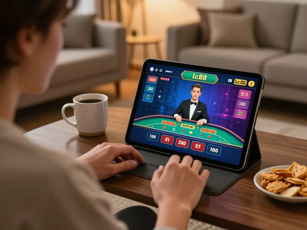 Engaging in live dealer games on a tablet with lc88 from a cozy home setup.