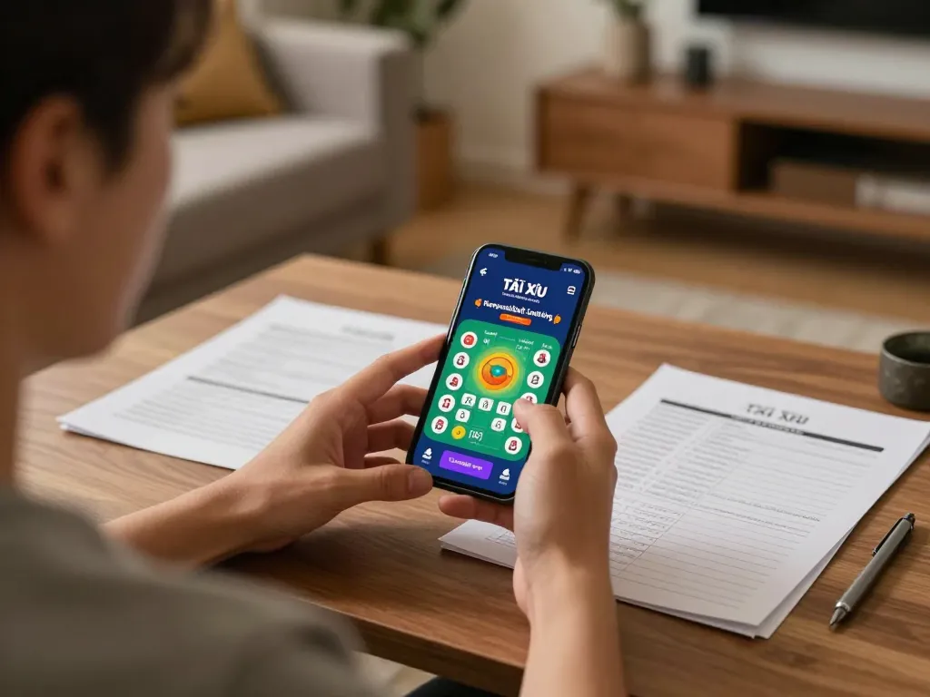 Player using Tài Xỉu app on smartphone in cozy home setting, emphasizing responsible gaming.