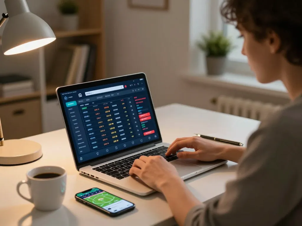 Person engaging in sports betting on 88CLUB, analyzing live odds on laptop in a cozy home office.