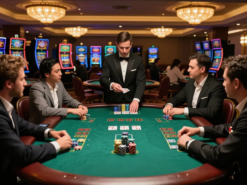 Engaged players enjoying a thrilling blackjack game at Luck8 casino with vibrant atmosphere