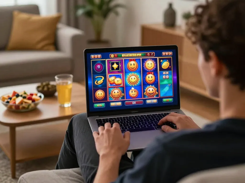 Pucuk138 online slot gaming experience on laptop in cozy home setting, showcasing vibrant gameplay and responsible entertainment.