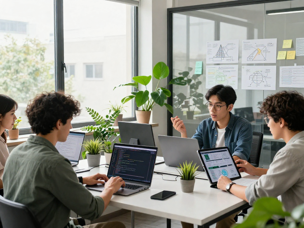 Software developers collaborating in a modern tech workspace focused on ia +18 projects with digital devices and brainstorming materials.