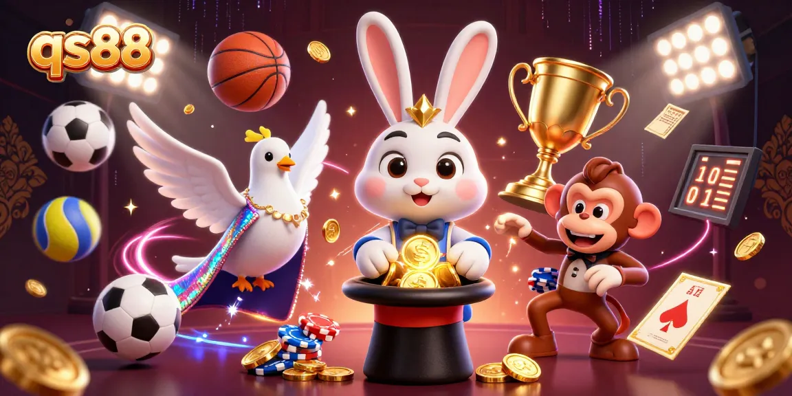 Experience thrilling moments at qs88 with a magician rabbit revealing golden coins in a vibrant casino scene.