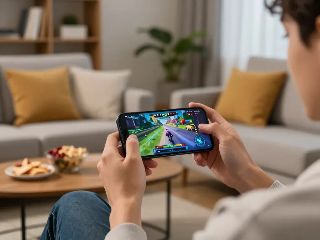 Player experiencing DN 88 mobile app on a smartphone, enjoying online gaming in a cozy home.