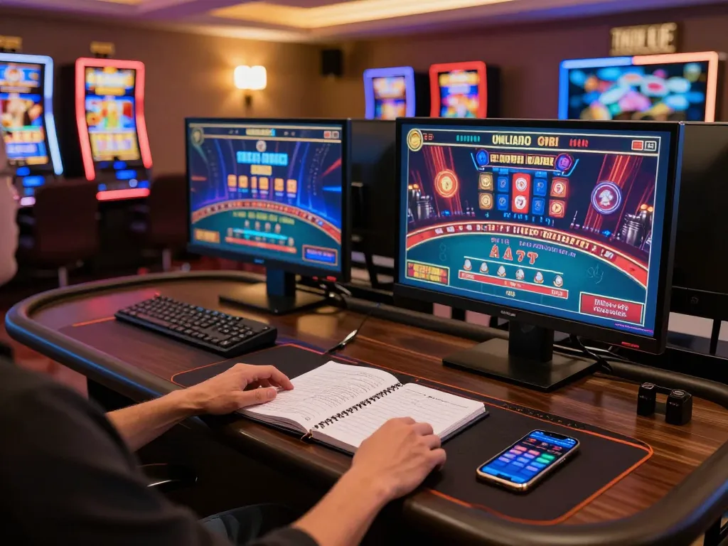 va88 gaming setup with live dealer and slot machines on screens, conveying online casino strategy.