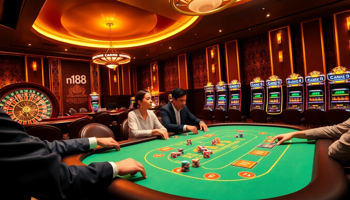 Experience the excitement of n188 at a luxurious casino gaming table filled with poker chips and cards.