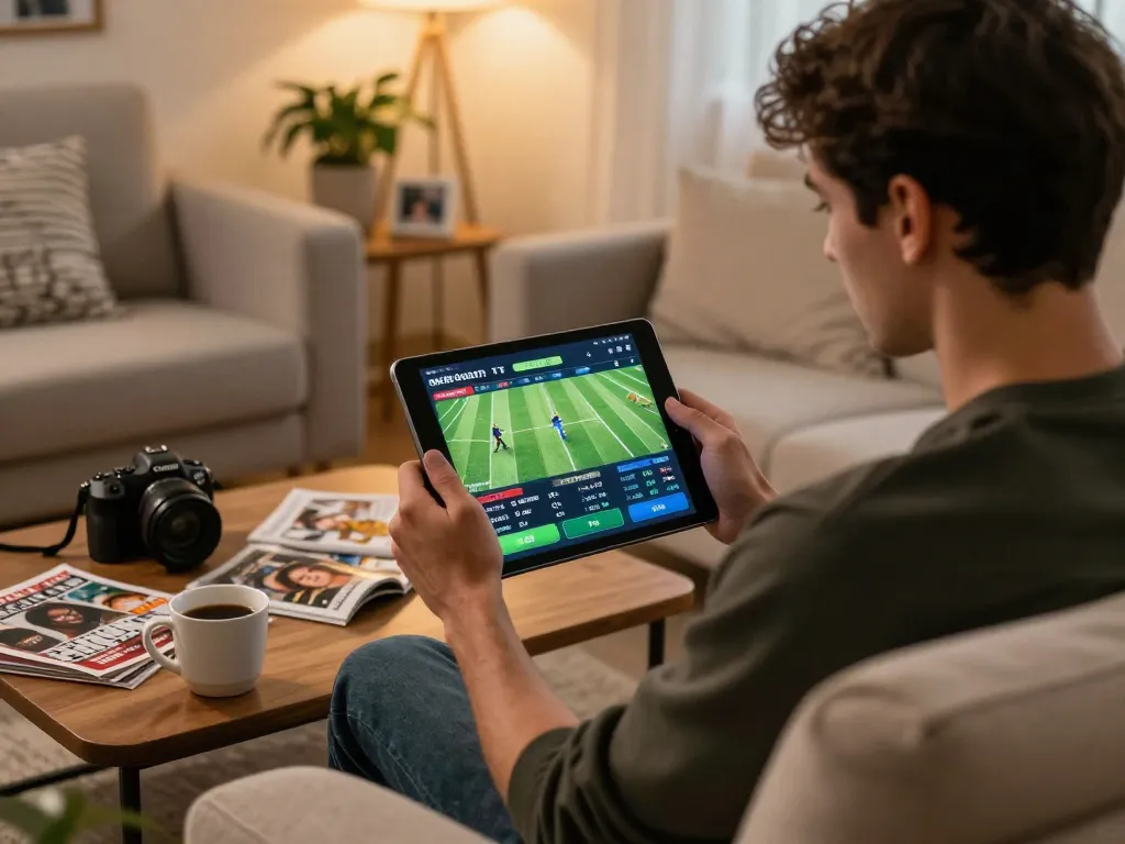 Bet on footballresults with live scores displayed on a tablet in a cozy home gaming setup