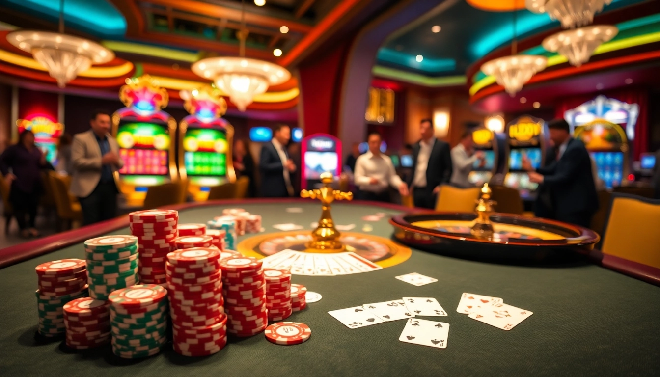 Players winning big at LC88's vibrant casino tables with colorful poker chips.