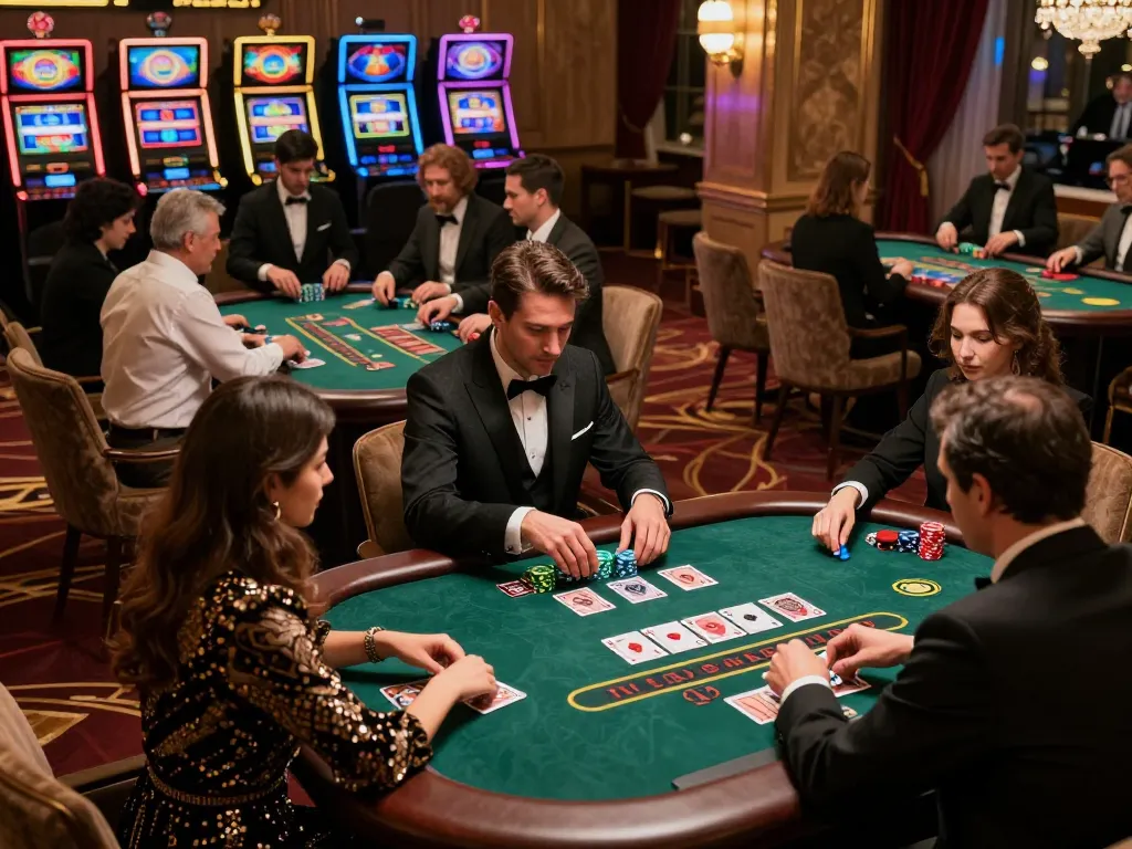 Taisunwin players strategizing at a blackjack table in an upscale casino environment.