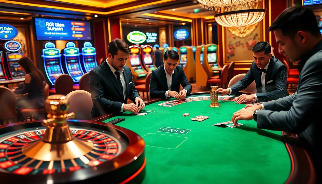 Engage in Rút tiền Sunwin at a vibrant casino scene with poker and roulette.