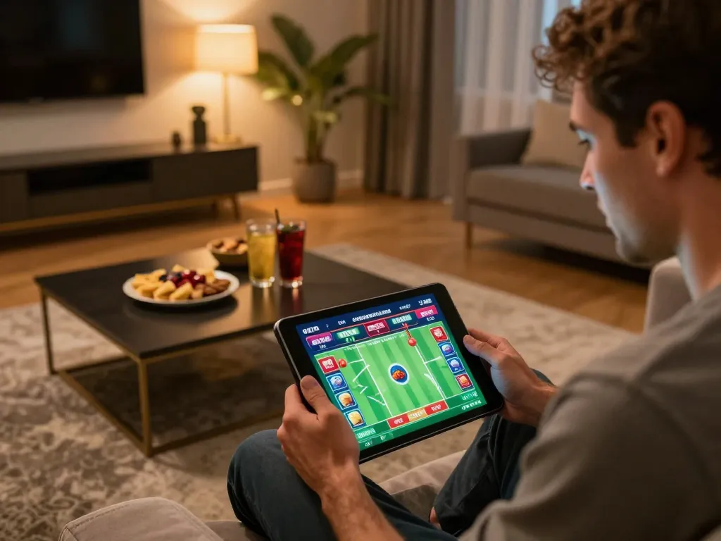Player engaged in sports betting on 58wiin app in a cozy home setting