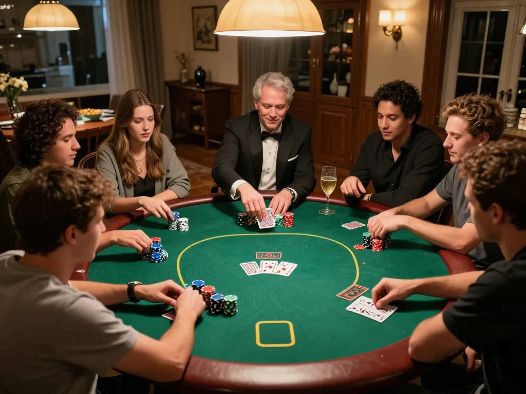Engaged friends playing poker at a home game night, showcasing 8day gaming strategies and social interaction.