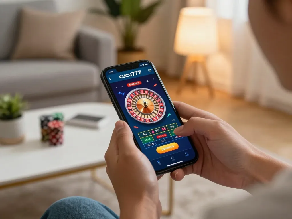 Engaging with the cucu777 mobile casino app while betting live on roulette.