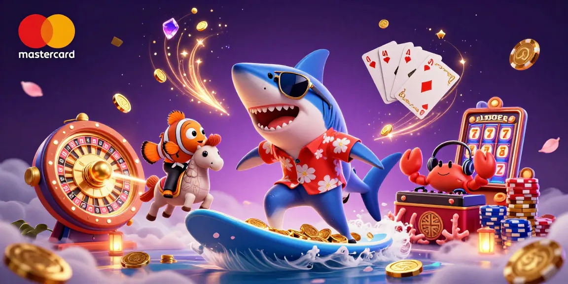 Surfing hammerhead shark in a vibrant scene showcasing mastercard casinos and exciting game elements.