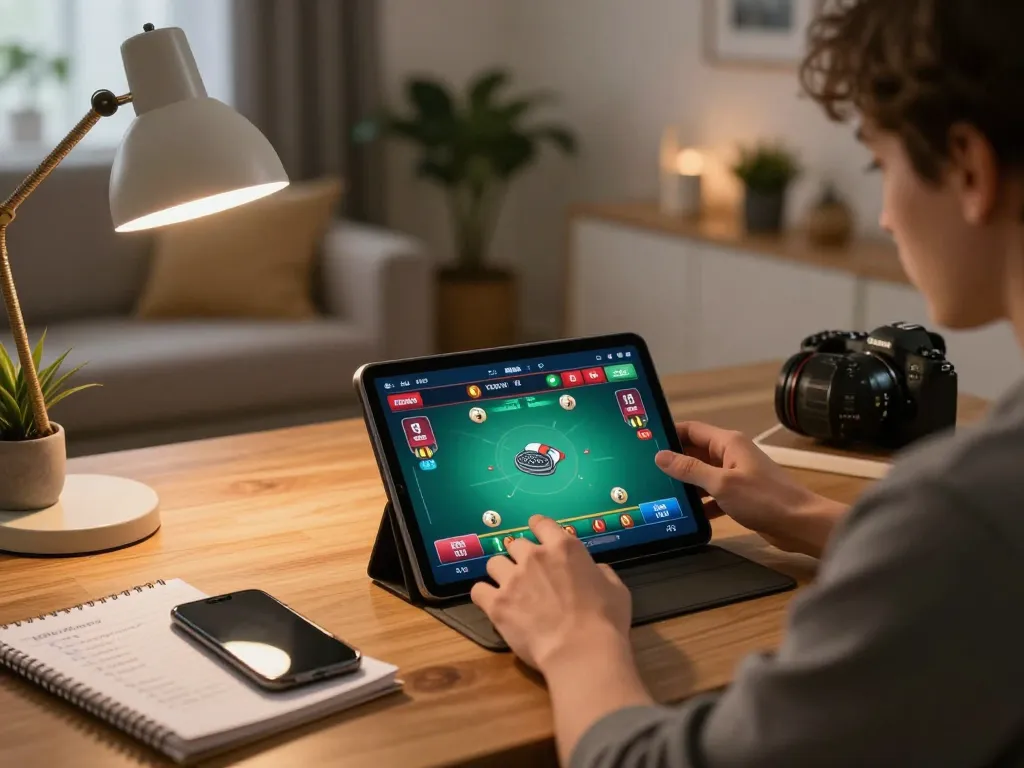 Engaged player at home exploring poker on 789clubgo tablet, showcasing strategic betting choices.